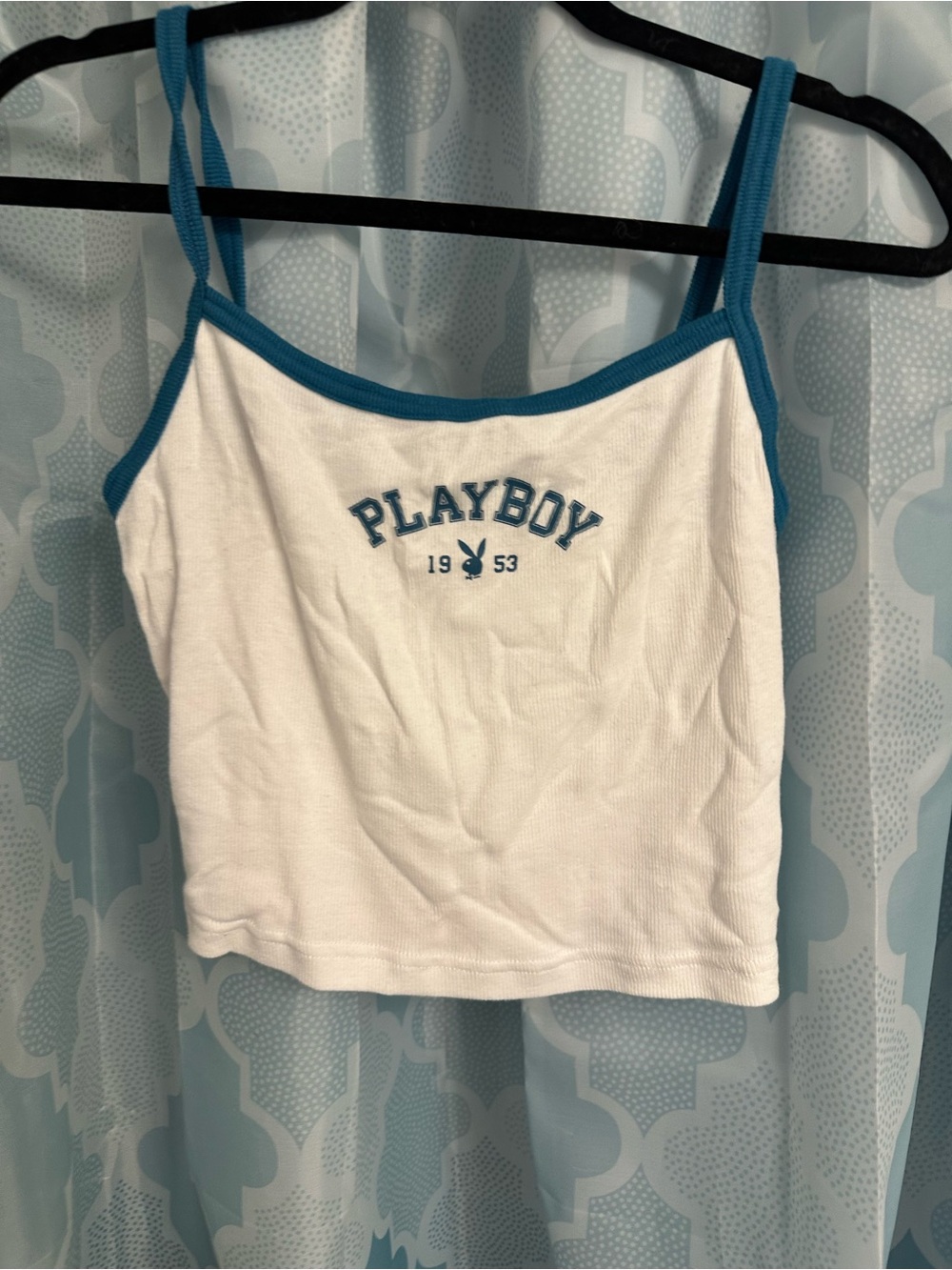 PLAYBOY White Cropped Camisole with Teal Trim Large